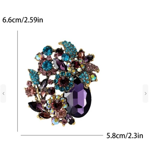 Floral Crystal Cluster Brooch Purple & Teal Rhinestones Gold-Tone - Picture 2 of 2